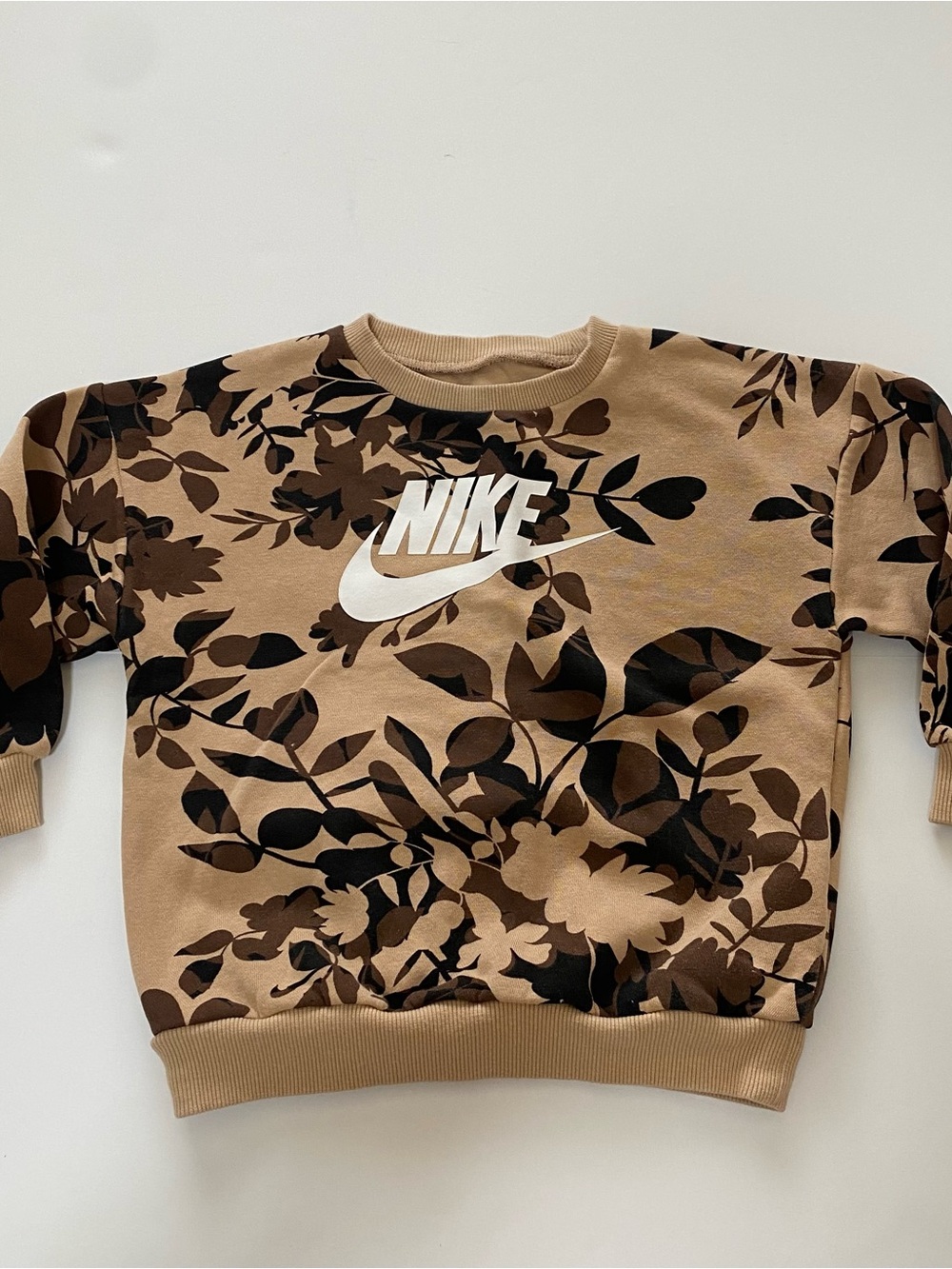 Nike Tan Floral Camo Kids Sweatshirt with White Logo
